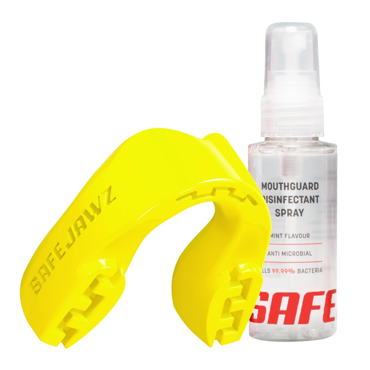 SAFEJAWZ Sports Mouthguard/Gum Shield, Case and Cleaner Spray 50ml Bundle for Rugby, Boxing, Martial Arts, Lacrosse and All Contact Sports - Adults and Junior (Yellow, Junior (<11))