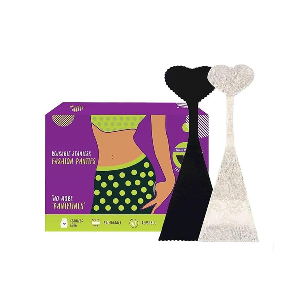 PINQ POLKAWomen Premium Reusable Fashion Seamless C-String Panty, Nude Lace & Black Spandex, Medium and Large Size - 2Pcs
