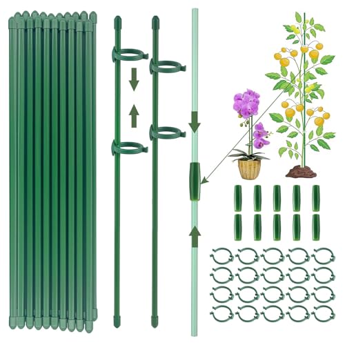 Kuvarix 20 Piezas Tutores para Plantas, Palos para Sujetar Plantas con 20 Clips Plantas 10 Tubos de Extensión, para Plantas para Orquídeas, Tomates, Peonías, Enredaderas (90 PCS)