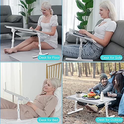 Image of KLEAR Laptop Bed Tray Desk with Adjustable Height & Angle, No Drawer, Grey | Foldable PVC Leather Desktop Laptop Lap Desk for Bed /Sofa /Couch /Floor