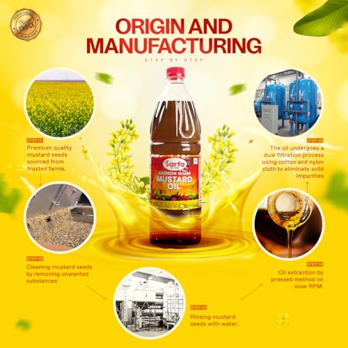 Image of Sarfa 1L Bottle Kachi Ghani Cold Pressed Mustard Oil | Pure, Chemical-Free, and Rich in Heart-Healthy MUFA & PUFA | Zero Cholesterol, with a Rich Aroma and Flavor | Ideal for Cooking and Pickles