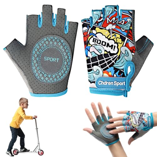 Image of Proberos Kids Cycling Gloves for Kids Bike Riding Gloves Surfing Boy Cartoon Print Breathable Anti Slip Fingerless Gloves Ages 9-15