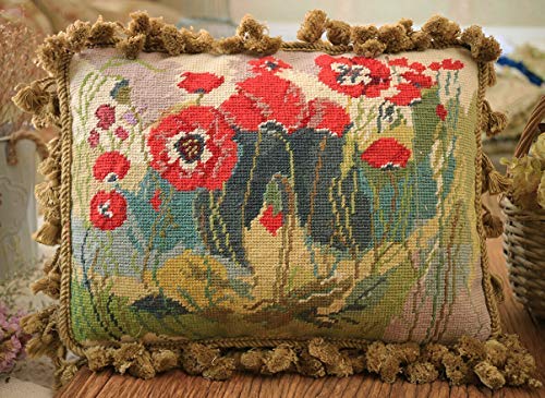 Fine Home Crafts 16" Beautiful Corn Poppy Field Hand Knotted Needlepoint Pillow Cushion Cover #TOP18