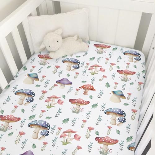 Image of Watercolor Mushroom Forest Baby Crib Sheets 52''x28'' Colorful Mushroom Floral Leaves Snug Fitted Crib Mattress Cover for Boy Girl Fantasy Soft Nursery Bed Toddler Mattresses Sheets