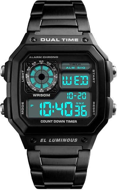 FeiWen Mens Fashion Digital Sports Watch Outdoor Military Multifunction 50M Waterproof LED Dual Time Simple Design Stainless Steel Wrist Watches