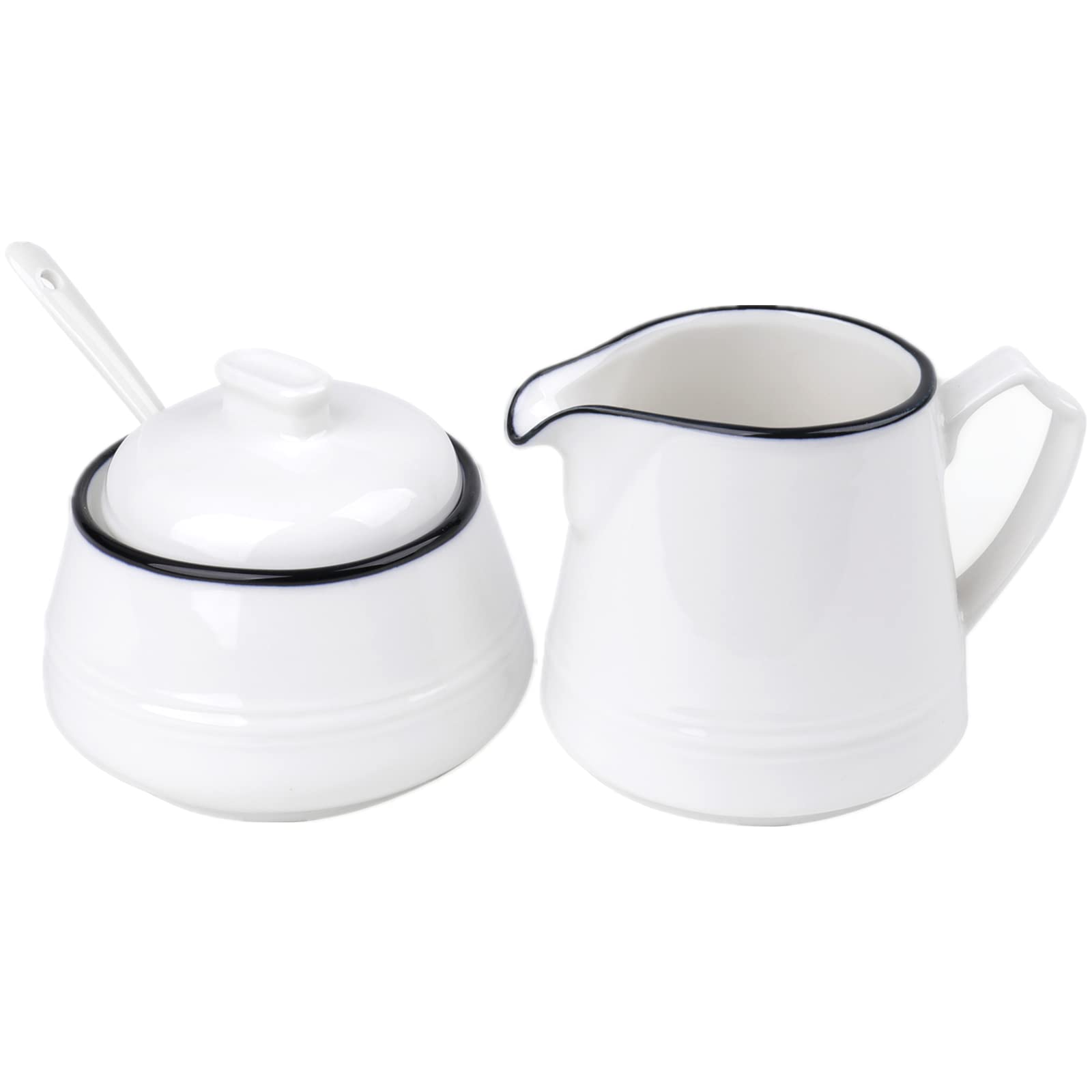 Peohud Juego de 3 creamer y azúcar de porcelana, juego de servir café con jarra de crema, cuchara de café, azucarero con tapa y cuchara, tarro de azúcar para té de la tarde, blanco