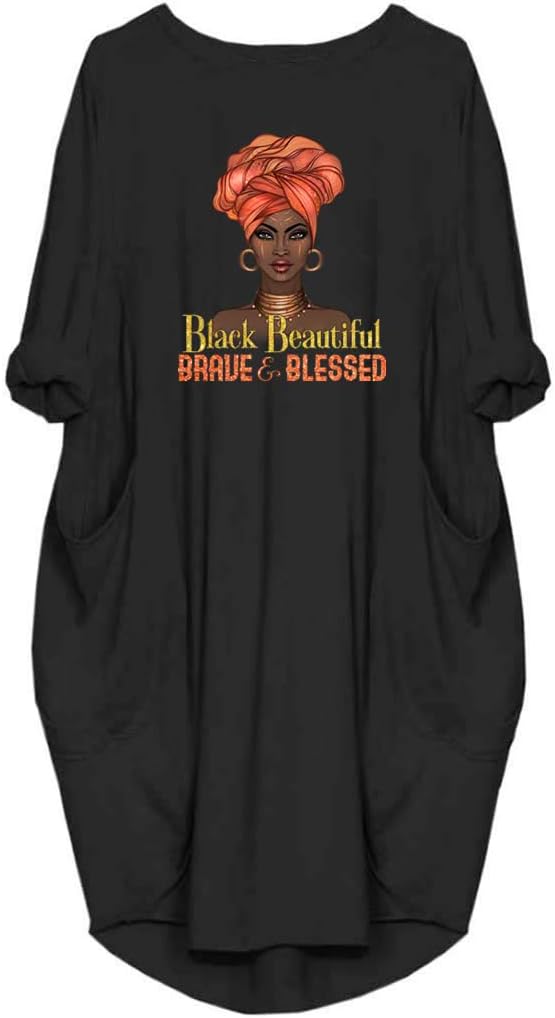 WbJetr Women's Long Sleeve Pocket Dress Black Woman Afro Brave Blessed Tunic Tops