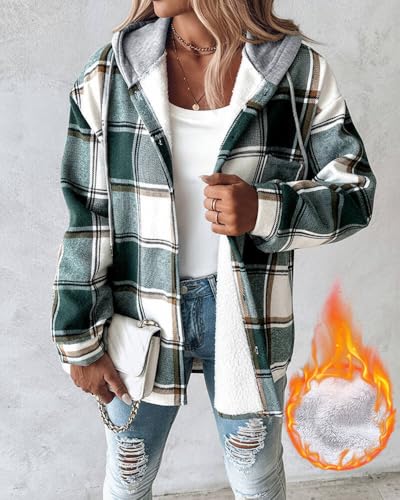 CHICME Womens Lightweight Casual Jacket 2025 Plaid Long Sleeve Shacket Fleece Lined Hooded Jackets Warm Coat3