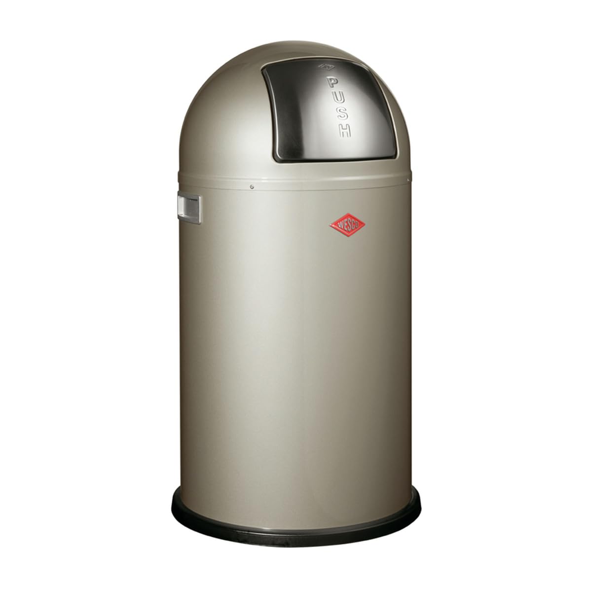 WESCO Pushboy Mülleimer in der Farbe neusilber, pulverbeschichtetes Stahlblech, 50 Liter Volumen, große Edelstahlklappe, herausnehmbarer Innenbehälter