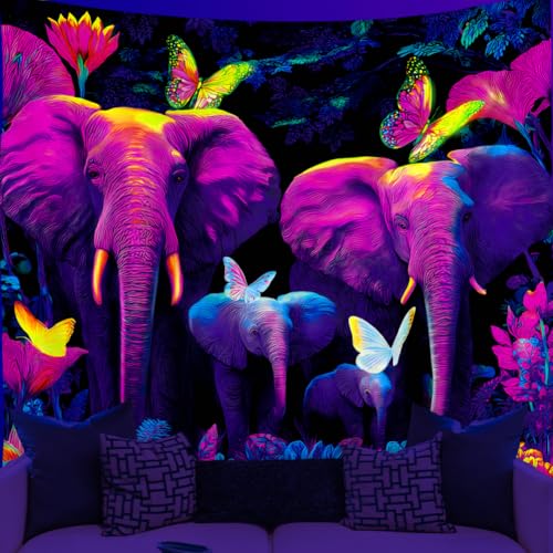 WEBEEDY Tapisserie Éléphant Réactive aux Rayons Noirs/UV Psychedelic Cool Famille D'Éléphants dans la Jungle Tapisserie Suspendue Affiche de Lumière...