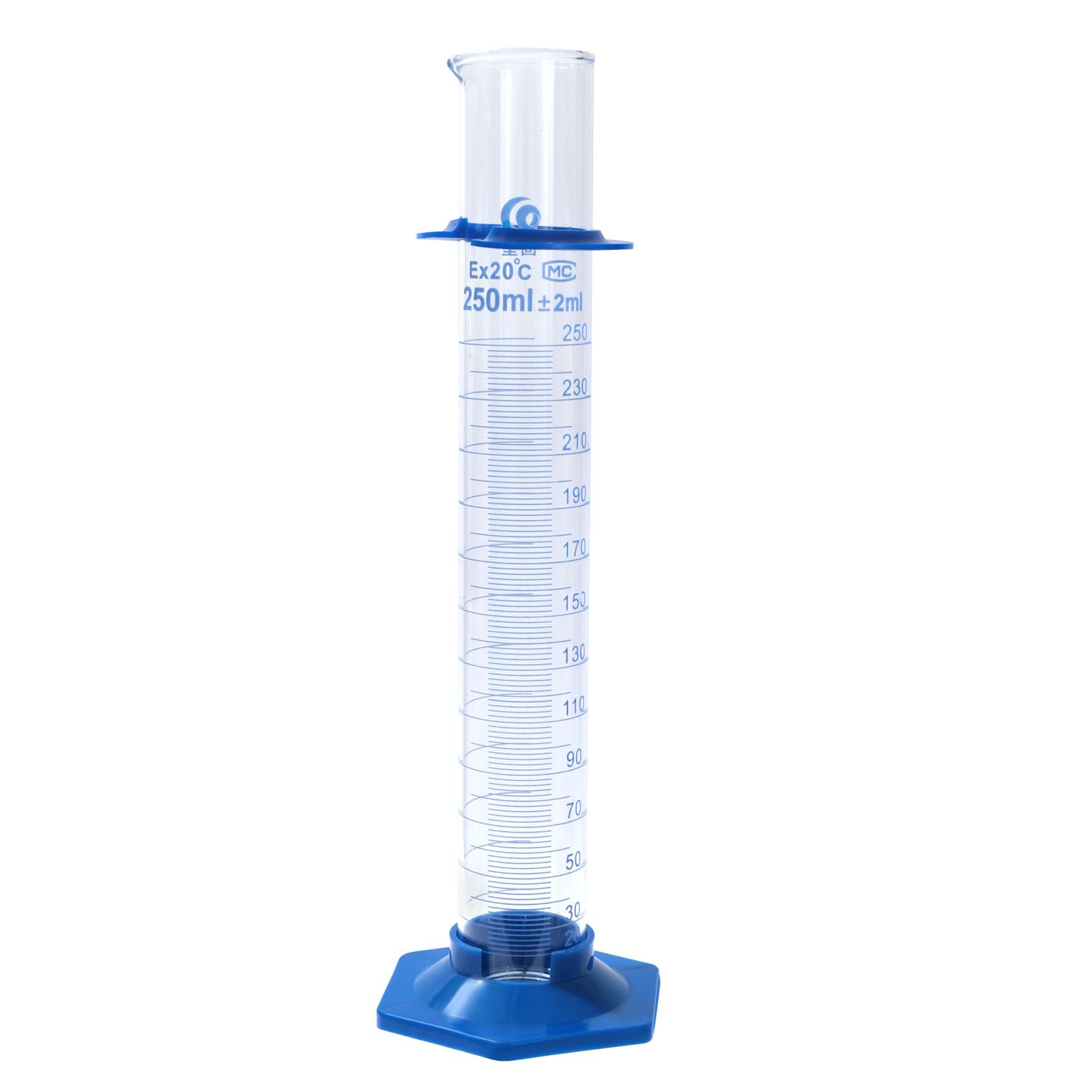 PATIKIL 250ml 3.3 Borosilicato Vetro Graduato Cilindro, Alto Trasparenza Plastica Base Blu Graduazioni Misuratore Cilindro per Laboratorio Casa Uso, Trasparente