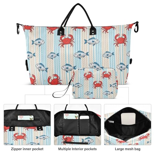 Crab Fish Stripe Travel Duffel Bag for Men Women with Makeup Bag Weekend Overnight Carry On Bags for Travel Weekend Getaway2