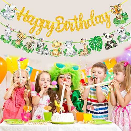 Safari Animal Happy Birthday Banner Jungle Animal Party Decorations 2Pcs Safari Jungle Animal Hanging Cutout Banners Safari Animals Garland For Wild One Baby Shower Supplies #TOP7
