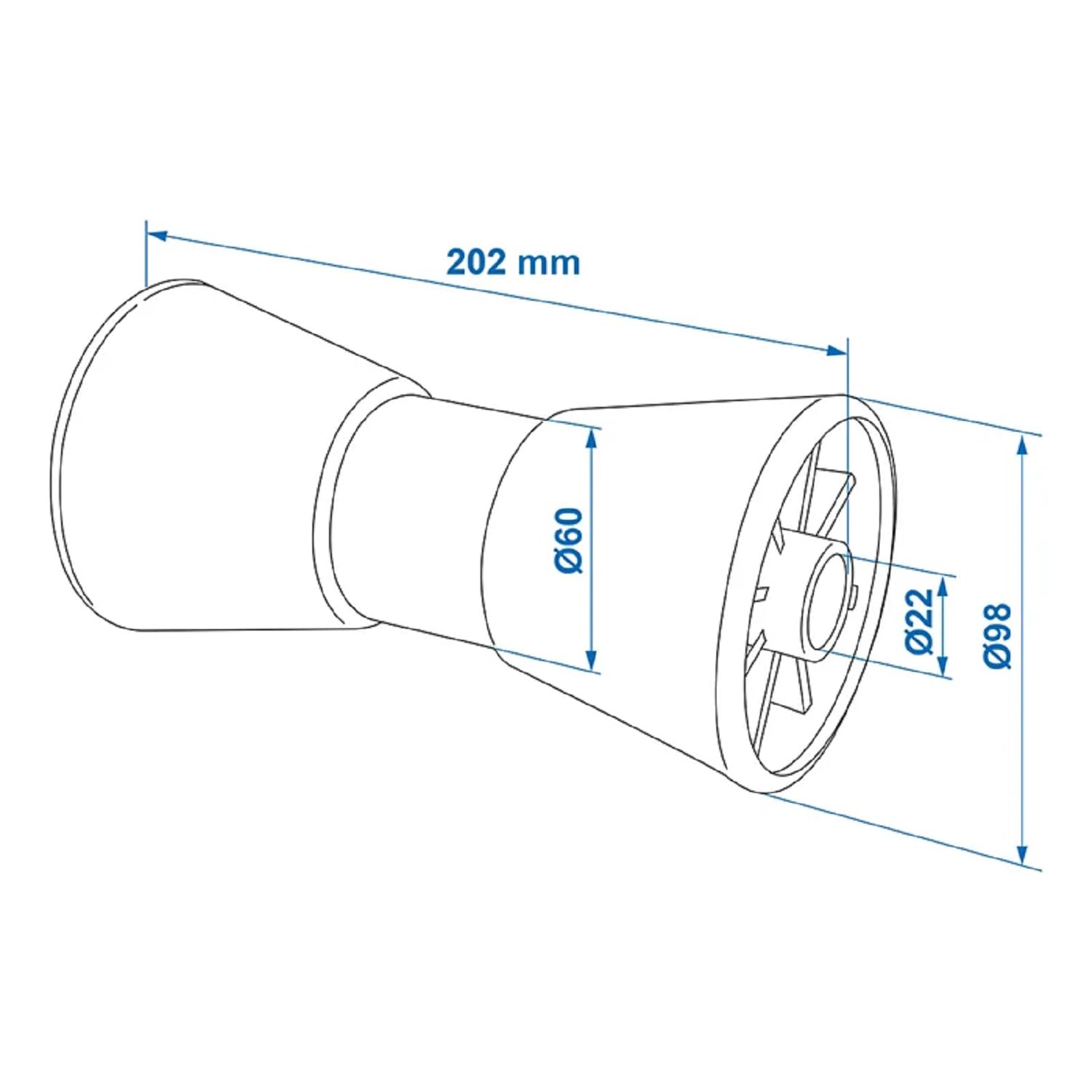 Preiswert&Gut 4 x Kielrollen – 200mm Länge, Ø 98-68mm – Rollen für Bootstrailer aus Polyethylen – Hochwertiges Bootszubehör & Boot Trailer Zubehör in Blau