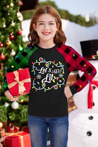 Image of BesserBay Girl's Christmas Buffalo Plaid Raglan Top Funny Holiday Graphic Shirt 4-14 Years