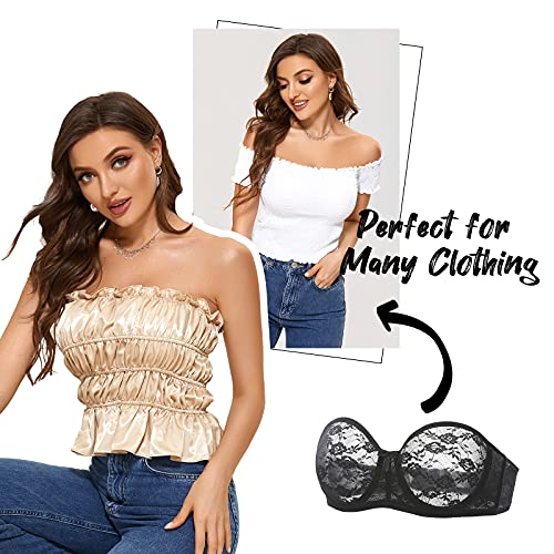 Image of DOBREVA Women's Strapless Lace Bras Unlined See-Through | Underwire, Floral Lace, Sexy, Sheer, Soft, Bow, Multiway, Comfort