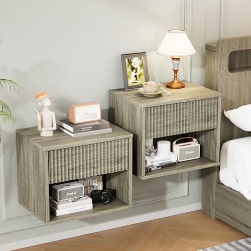 Bonnlo Table de Chevet Suspendue Lot de 2, Commode de Nuit Chêne Gris avec 1 Tiroir et 1 Étagère, Table d'appoint Basse pour Chambre à Coucher, Salon, 40 x...