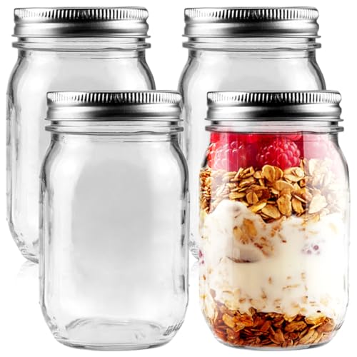 Showvigor 4 Pack Regular Mouth Mason Jars 16oz Glass Canning Jars with Airtight Lids for Preserving Jam Honey Jelly Wedding Favors Sauces Meal Prep Overnight Oats Salad
