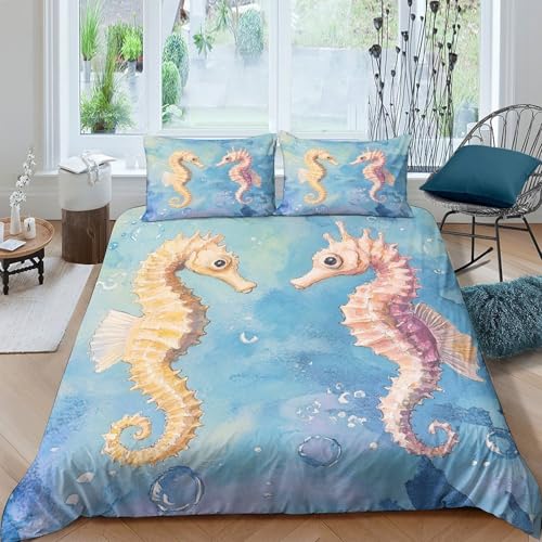 Housse de couette hippocampe linge de lit 140x200 style marin