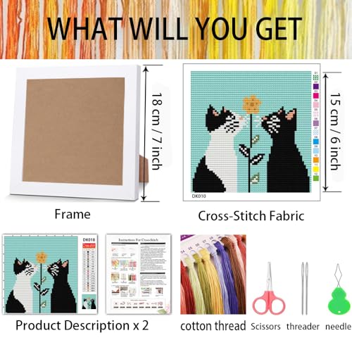 Image of Tiwabb Cat Cross Stitch Kits for Adults Beginner,Stamped Cross Stitch Kits Crafts for Adults with Framed,Embroidery Kit for Beginners,11CT Full Cross Stitch for Kids Home Decor 6.7x6.7inch