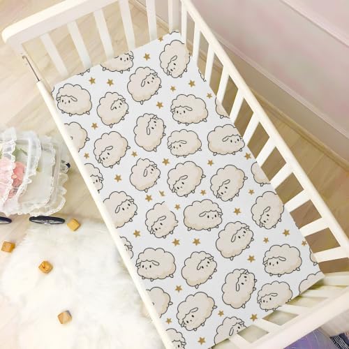Image of Crib Sheet Breathable Soft Crib Mattress Sheet for Baby Toddler Boys Girls Fitted Pack n Play Crib Sheet Fit Standard Crib Mattress 52 x 28 Inch White Stars Sheep