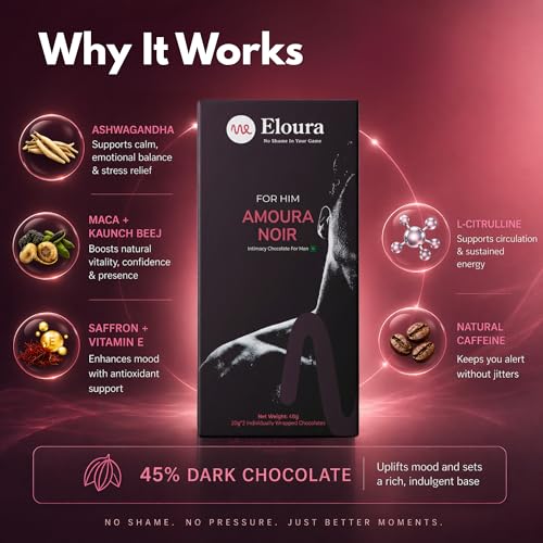 Image of ELOURA Amoura Noir Mood Uplifting Chocolate for Men - 4 Bars, 20g Each | 45% Dark Chocolate & 9 Natural Botanical Blend | Vegan Dairy Free | Mood Enhancing Chocolate | Chocolates Box for Gift