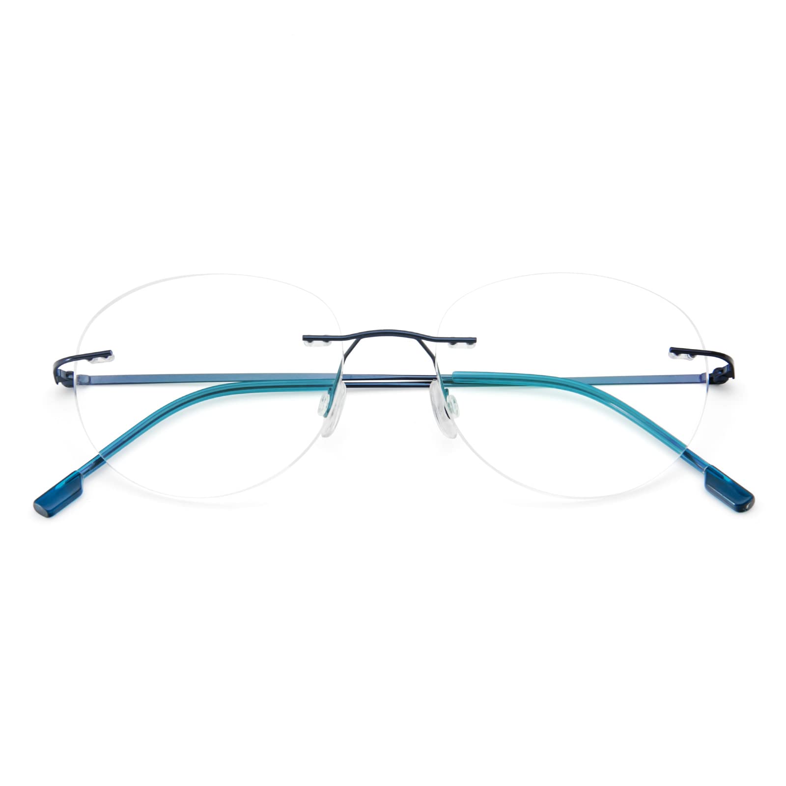 MMOWW Circular Gafas de lectura sin Marco Gafas Aleación Titanio Ultraligeras Para Hombres y Mujeres, Gafas de Computadora de Ayuda con lente de Resina (Azul, +2.0)