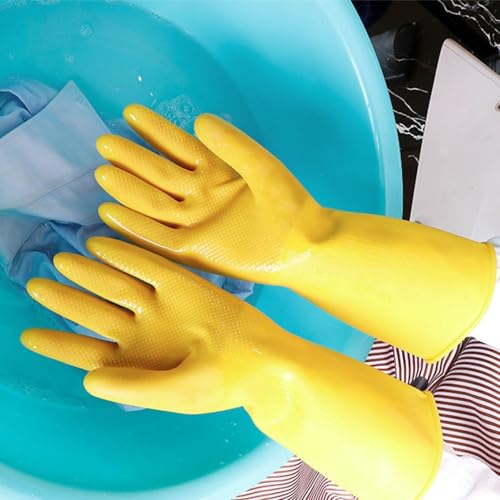 Image of Natural Rubber Household Gloves - Reusable & Waterproof for Cleaning, Dishwashing, Kitchen & Bathroom Use - Comfortable Fit with Non-Slip Grip - Durable & Long-Lasting (Yellow, 5 Pair)