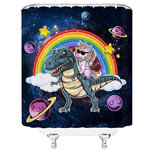 Funny Dinosaur Unicorn Shower Curtain Cute Unicorn Riding Dinosaur Fantasy Animal Rainbow Mysterious Blue Galaxy Space Planet Cool Boy Girl Polyester Curtains Bathroom Decor With Hooks 70Wx70H Inch #TOP1