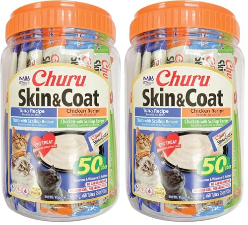 Image of INABA Churu Lickable Puree Natural Cat Treats for Skin and Coat with Omega Oils,Taurine and Vitamin E,0.5 Ounces Each Tube, Tubes,Skin & Coat Variety,(Pack of 100)