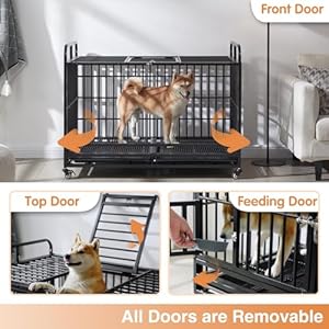 Lauren&Harold 48 Inch Heavy Duty Dog Crate Furniture for Medium/Large Dogs, Metal Dog Kennel Indoor with Top Door&Feed Door, XL Dog Cage with Removable Tray&Wheels, Large Dog crates Pet House LaurenHarold 48 Inch Heavy Duty Dog Crate Furniture for MediumLarge Dogs Metal Dog Kennel Indoor with Top DoorFeed Door XL Dog Cage with Removable TrayWheels Large Dog crates Pet House