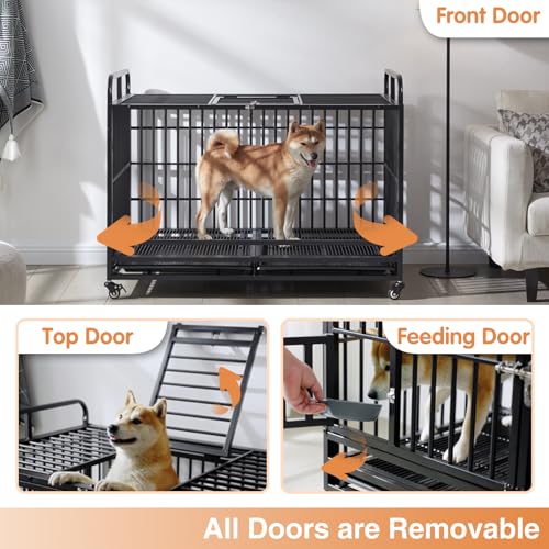LaurenHarold-48-Inch-Heavy-Duty-Dog-Crate-Furniture-for-MediumLarge-Dogs-Metal-Dog-Kennel-Indoor-with-Top-DoorFeed-Door-XL-Dog-Cage-with-Removable-TrayWheels-Large-Dog-crates-Pet-House LaurenHarold 48 Inch Heavy Duty Dog Crate Furniture for MediumLarge Dogs Metal Dog Kennel Indoor with Top DoorFeed Door XL Dog Cage with Removable TrayWheels Large Dog crates Pet House