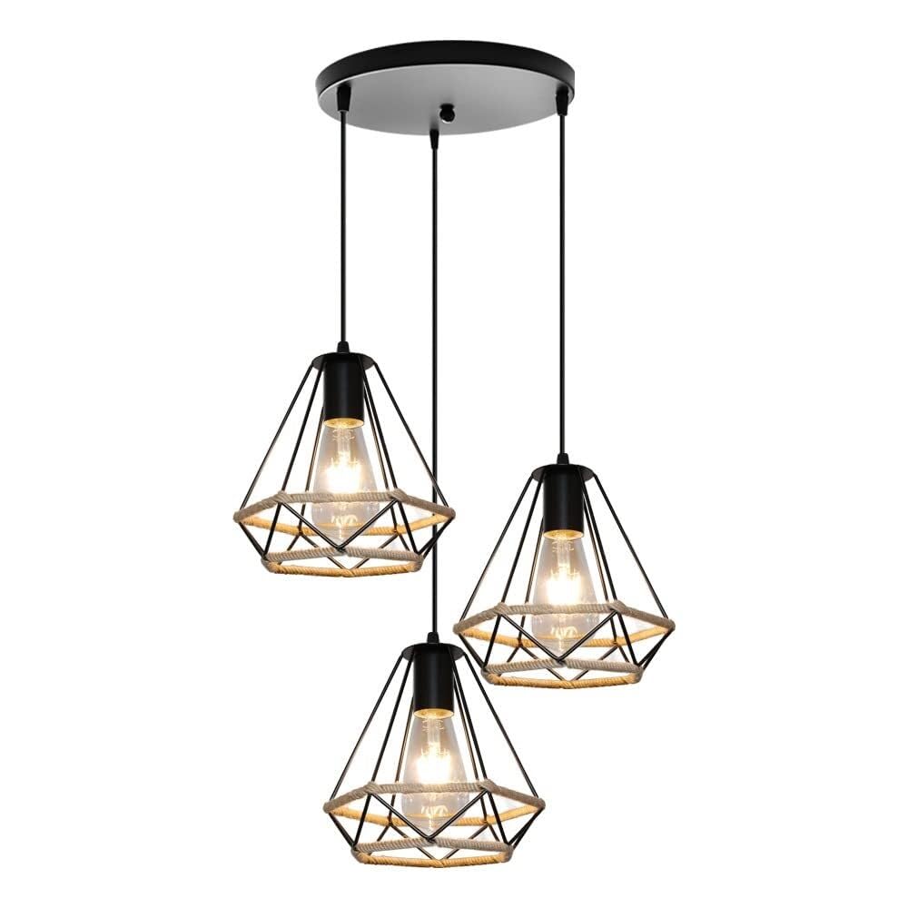 LYMSXAZOU 3-Light Hemp Rope Cage Hanging Lamp – Metal Lantern Chandelier with Black Finish Pendant Light Fixture for Kitchen, Living Room, Bedroom(Dark Color)