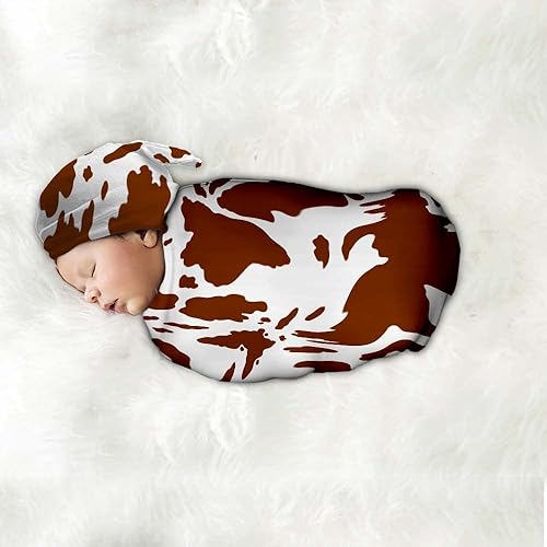 Miniatura 6 de Mantas para envolver recién nacidos con estampado de vaca marrón con sombrero, manta de recepción para recién nacido para niño y niña, saco de