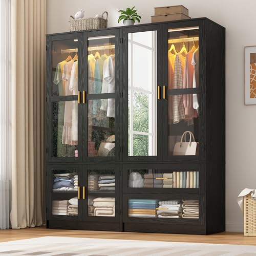 4 Doors Armoire Wardrobe Closet with LED and Mirror,71