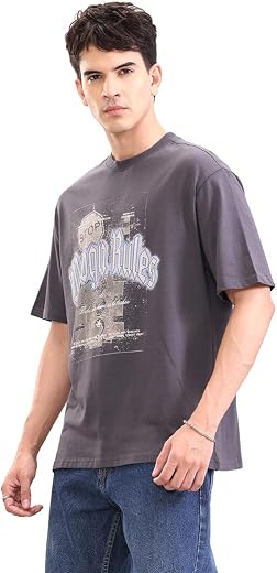 WROGN Men's 100% Cotton T-Shirt | Retro Graphic Print | Oversized Fit