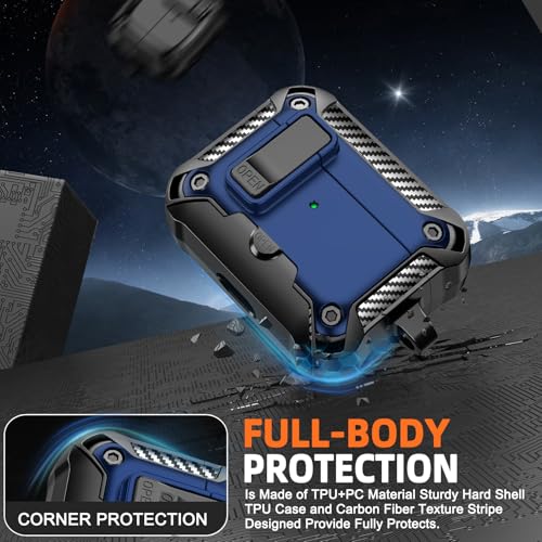Image of for AirPods Pro 1st /2nd Case with Lock & Phone Stand(Blue) | Automatic Snap Switch Lock,Carbon Fiber Texture Design Cover with Cleaner Kit