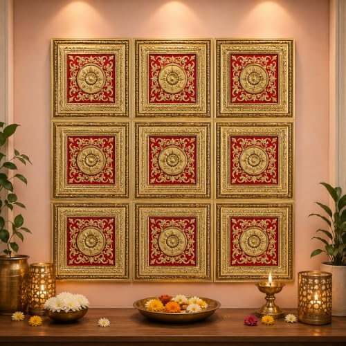 Image of SATYAM KRAFT 9 Piece Ganpati Bappa Backdrop Wall Panels (9 pcs Set) | 30 x 30 CM Each Panel | 90 x 90 CM DIY Mandap Background | 9 Panels | Includes Double-Sided Tape (Red)