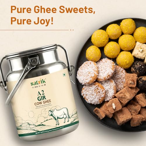 Image of Satvik A2 Gir Cow Ghee 5 Litre with (Stainless Steel Dolchi) | Churned from Vedic Bilona Method Pure A2 Cow Desi Ghee | Rich in A2 Beta Casein Protein & Vitamin A, D, E, K | Helps Improve Digestion