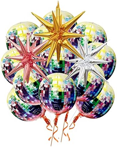 4D Disco Ball Balloons 22 Inch Sunflower Explosion Star 24 Inch - Pack of 15 Conjoined Aluminum Foil Balloons for Birthday Celebration Party, Wedding, Anniversary, 70s, 80s, 90s Disco Theme Party