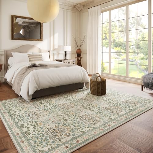 Image of Washable Area Rug 6x9 - Oriental Vintage Dining Room Rug for Living Room, Bedroom, Kids Playroom & Baby Nursery - Low Pile, Non-Slip, Lightweight & Stain Resistant