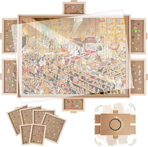 BuilderButler 1000 Pieces Rotating Puzzle Board with 6 Drawers,30.16"x22.44" Portable Wooden Jigsaw Puzzle Table with Lazy Susan Spinning Cover