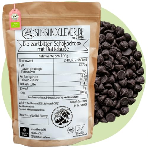 süssundclever.de® Bio Zartbitter Schokodrops mit Dattelsüße | 500g | 70 % Kakao | Ohne Zuckerzusatz | Vegan | Hergestellt in Deutschland | Kuvertüre | Dattelschokolade