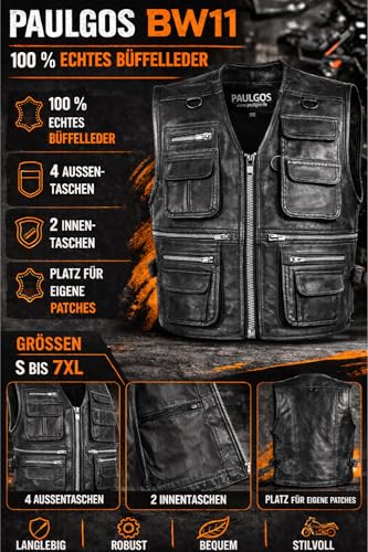 PAULGOS Lederweste Weste Kutte Leder Biker Rocker Motorrad Clubweste Bikerweste Motorradweste Schwarz BW11 (DE/NL/SE/PL, Alphanumerisch, S, Regular, Regular, Schwarz)
