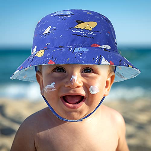 Lapi.zapi Baby Sun Hat Print Pattern Reversible Kids Boy Girls Hat Upf 50+ Sun Protection Beach Bucket Hat Wide Brim (0-6 Months, Blue Shark) #TOP5