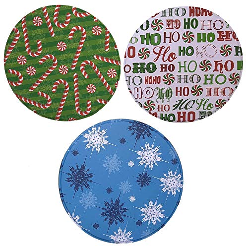 Christmas Holiday Round Cookie Tin Box Set - Seasonal Print Designs Food Containers for Party Favors or Gifts - 3 Piece Set
