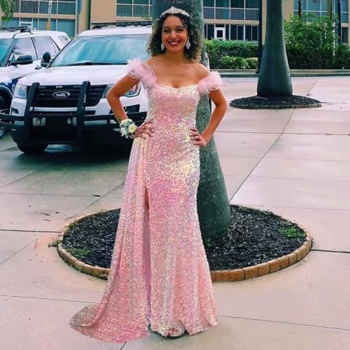Sequin Off Shoulder Prom Dresses Sparkly Mermaid Formal Dress Feather Long Evening Party Dress with Slit2