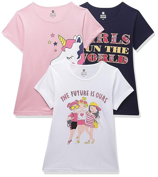 Image of Clotth Theory Girls Super Combed Cotton Regular Fit Round Neck Printed Short Sleeve Tshirt -Combo Pack of 3