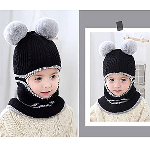 Kids Winter Plus Velvet Thickened face Protection Scarf Skull Caps Cute Beanie Cap Winter Soft Warm Knit Caps (Hat1-Black)