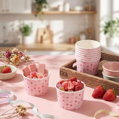 Image of Funnymoom 50 Pack Strawberry Ice Cream Cups 9 oz Bow Berry Sweet Disposable Dessert Bowls Pink Coquette Strawberry Paper Soup Bowls Snack Cups for Hot or Cold Food Baby Shower Wedding Birthday Party